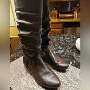 Tall Shaft Brown Faux Leather Boots